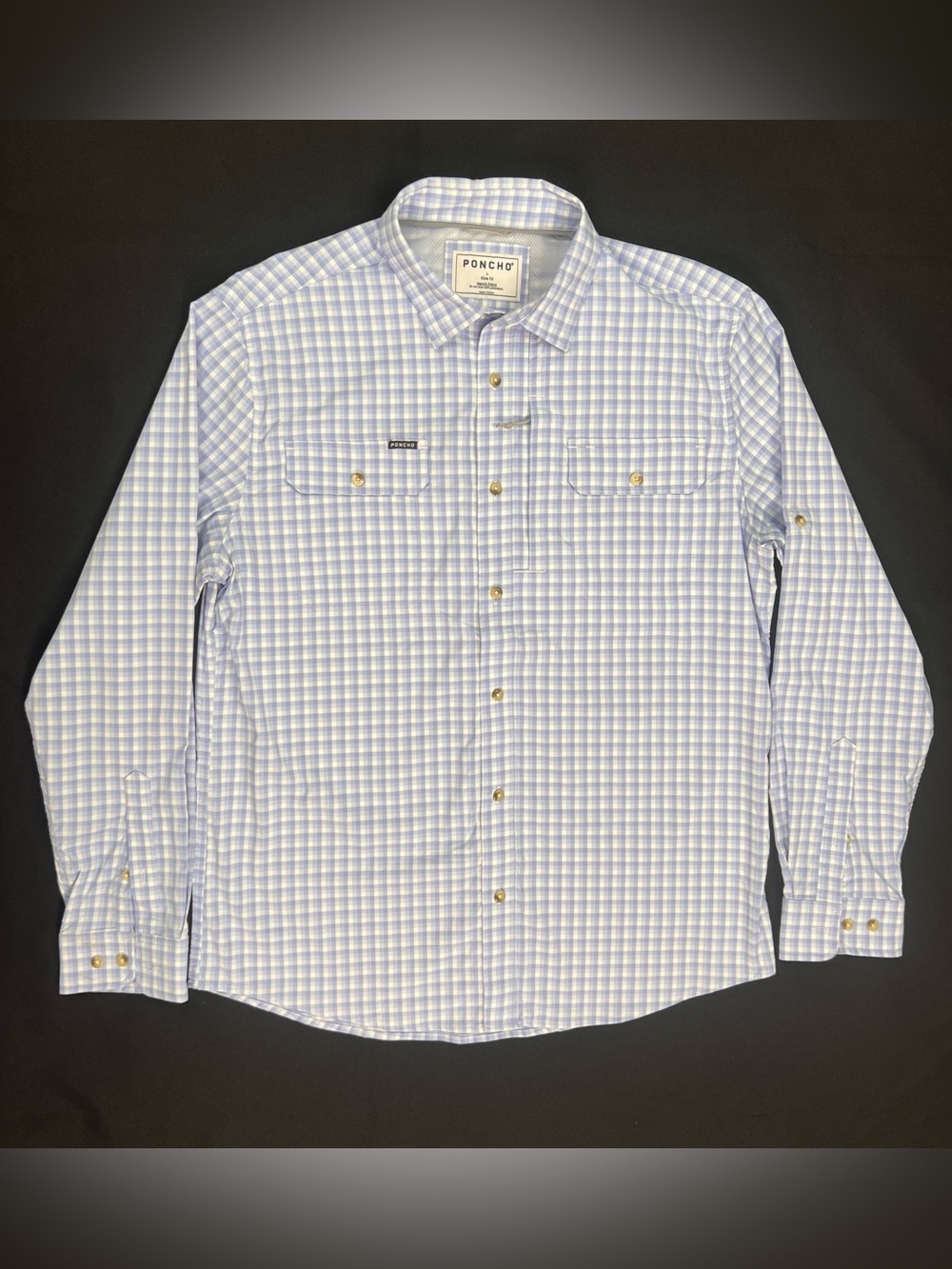 Poncho Outdoors Men's L Slim Fit Blue Check Magnetic Pocket Shirt Vented